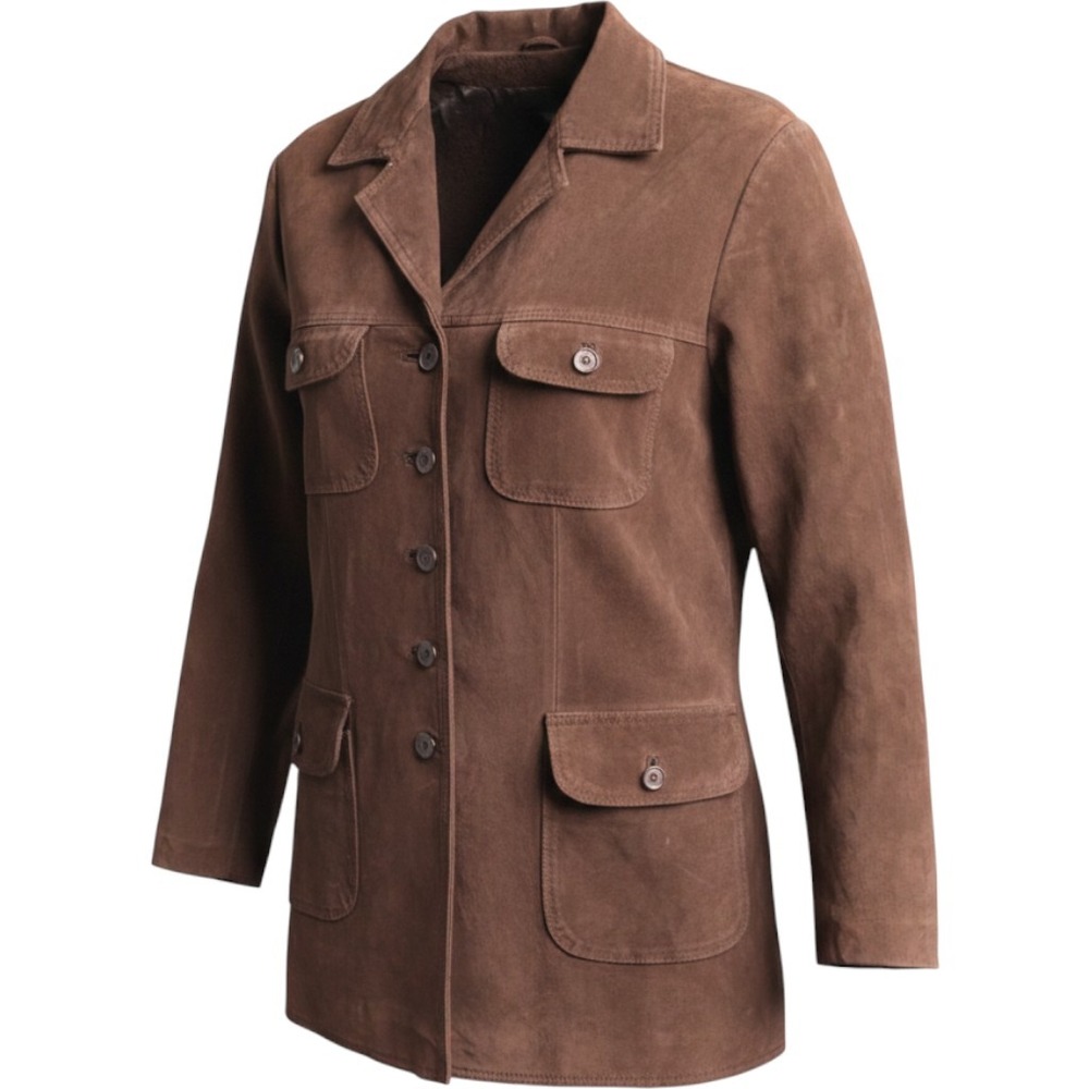 Vintage Chocolate Brown Suede Leather Safari Utility Jacket Coat Womens M Chic
